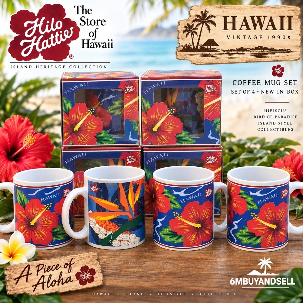 Hilo Hattie Hawaii Coffee Mug Set 4 Vintage Hibiscus Bird of Paradise 1990s NIB